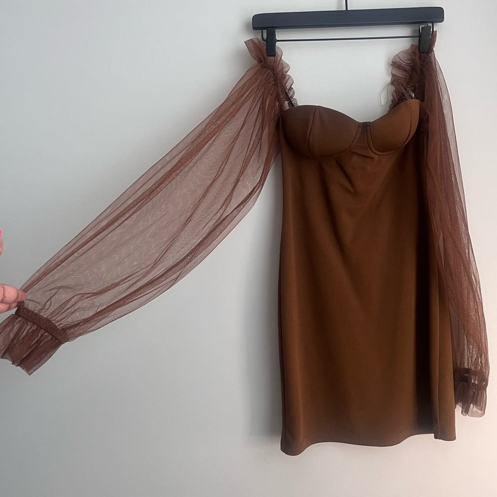 Off the Shoulder Puffy Sleeve Brown Fitted Corset Mini Dress | SHEIN